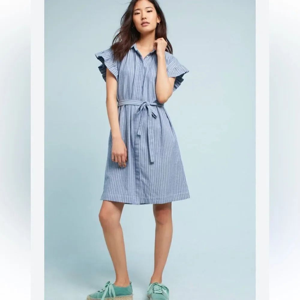 Anthropologie Isabella Sinclair Blue White Pinstripe Ruffle Sleeve Shirt Dress